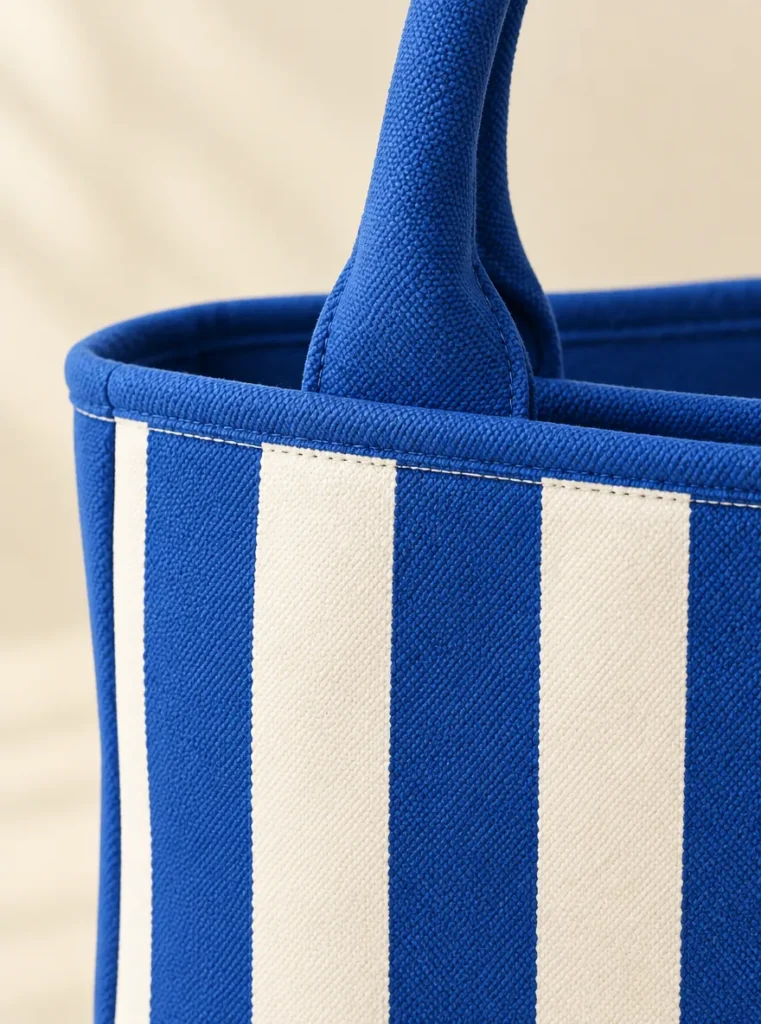 Close-up of the piping, handle and closure on the Awning Stripe Mini Tote
