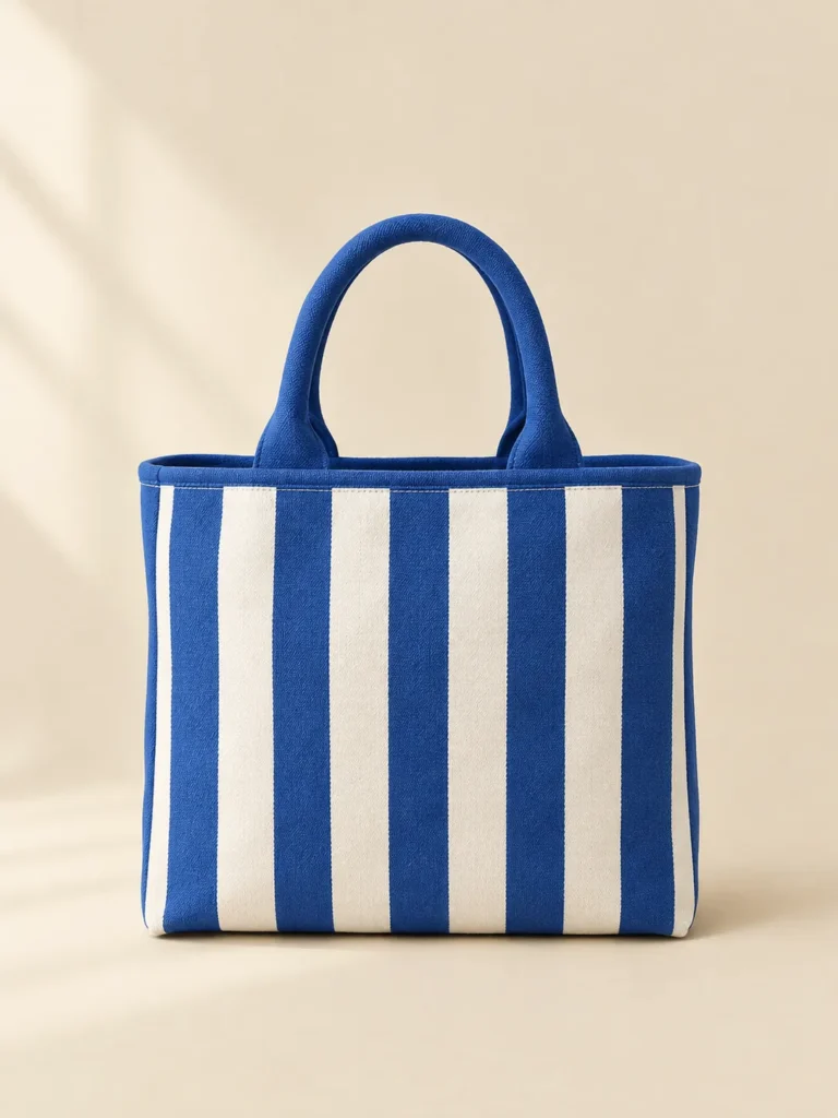 Awning Stripe Mini Tote in cobalt and milk stripe, front view