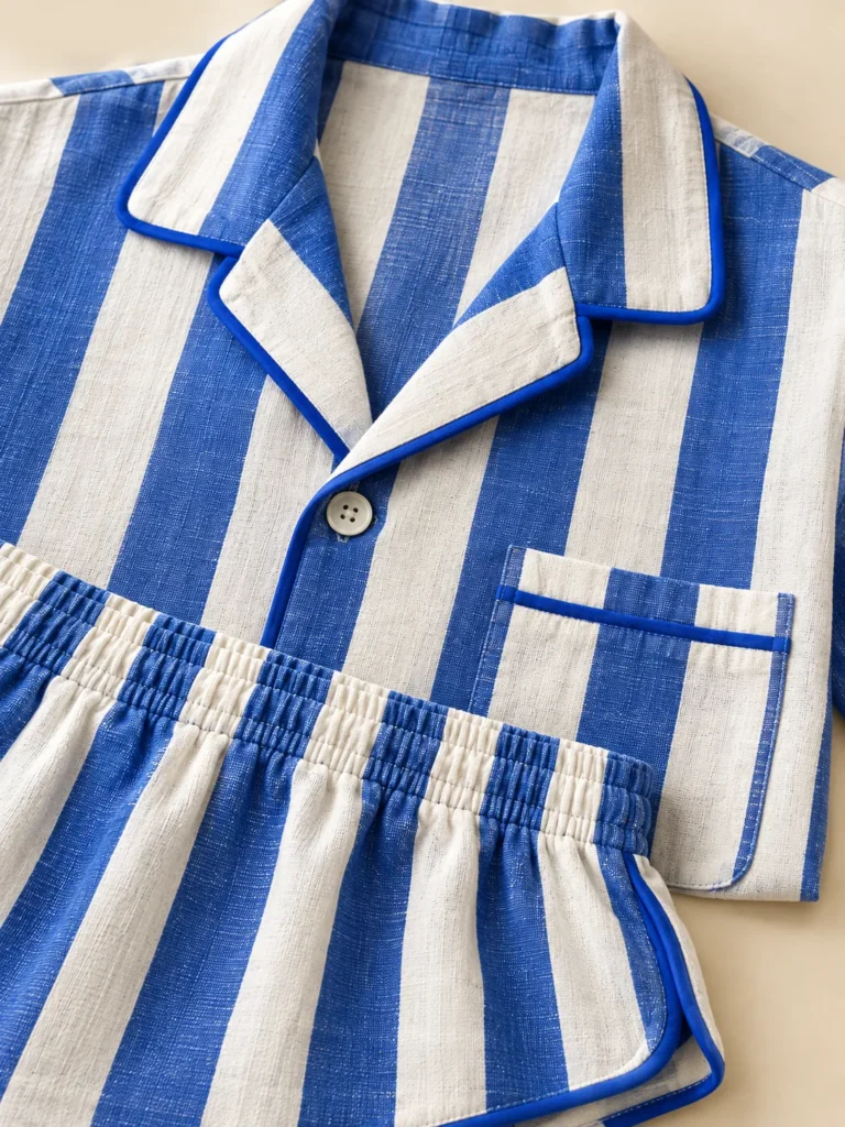 Close-up of the piping on the collar and shorts of the Cafe Awning Stripe Set
