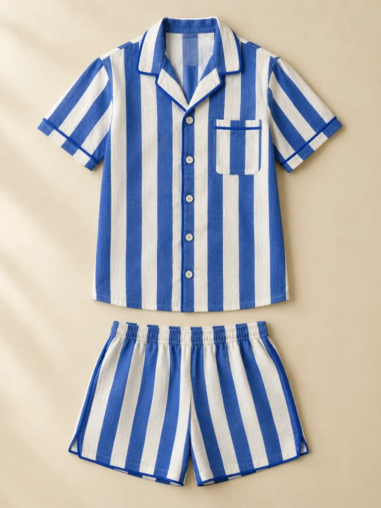 Cafe Awning Stripe Set: shirt and shorts laid flat