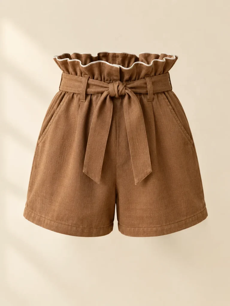Caramel Paperbag Short in caramel with cream piping, front view
