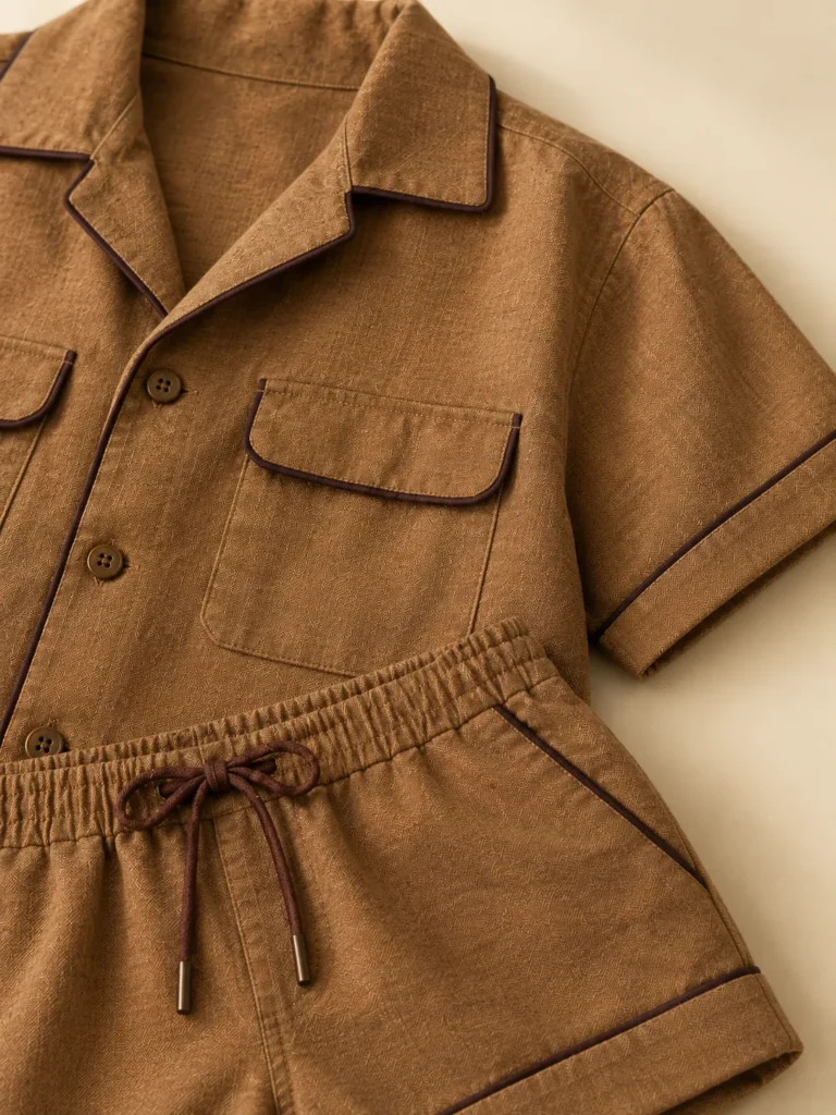 Close-up of the piping on the collar and shorts of the Caramel Twill Set