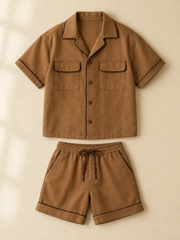 Caramel Twill Set: shirt and shorts laid flat