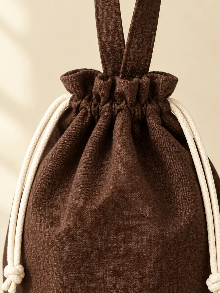 Close-up of the piping, handle and closure on the Coffee Run Pouch Bag