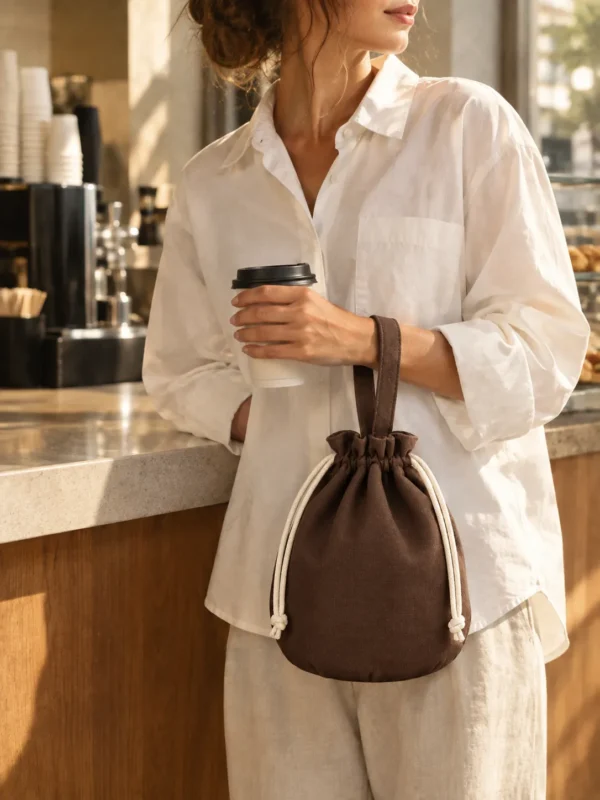 Coffee Run Pouch Bag in espresso with cream piping, hanging from the wrist of a woman in a milk-white boxy shirt at a cafe counter