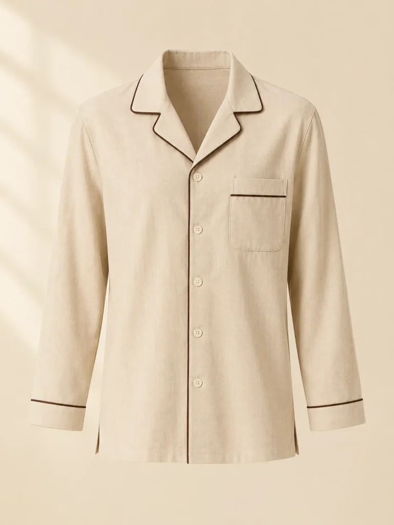 Cortado Piped Shirt in oat with espresso piping, front view