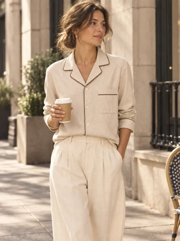 Cortado Piped Shirt in oat with espresso piping, tucked loosely into wide cream trousers, sleeves pushed up, holding a paper coffee cup on a city pavement