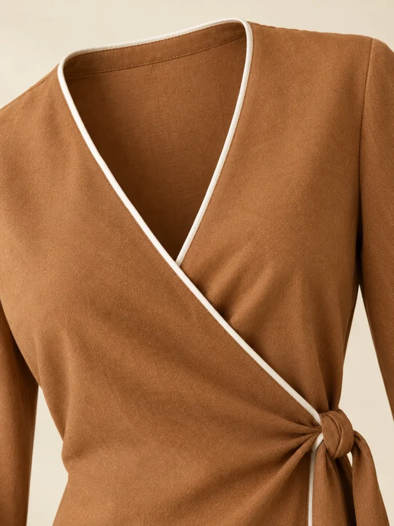 Close-up of the piping and construction on the Crema Wrap-Front Shirt