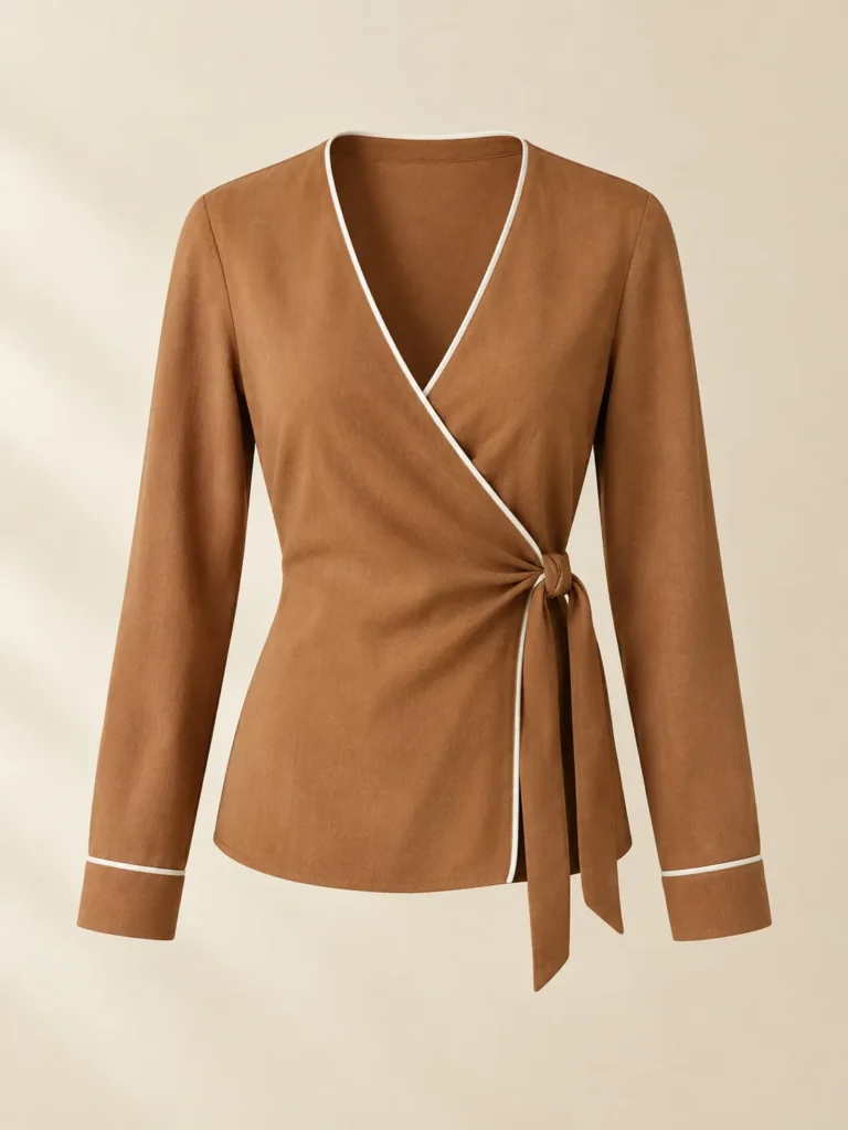 Crema Wrap-Front Shirt in caramel with milk piping, front view