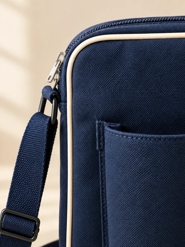 Close-up of the piping, handle and closure on the Cup Loop Crossbody