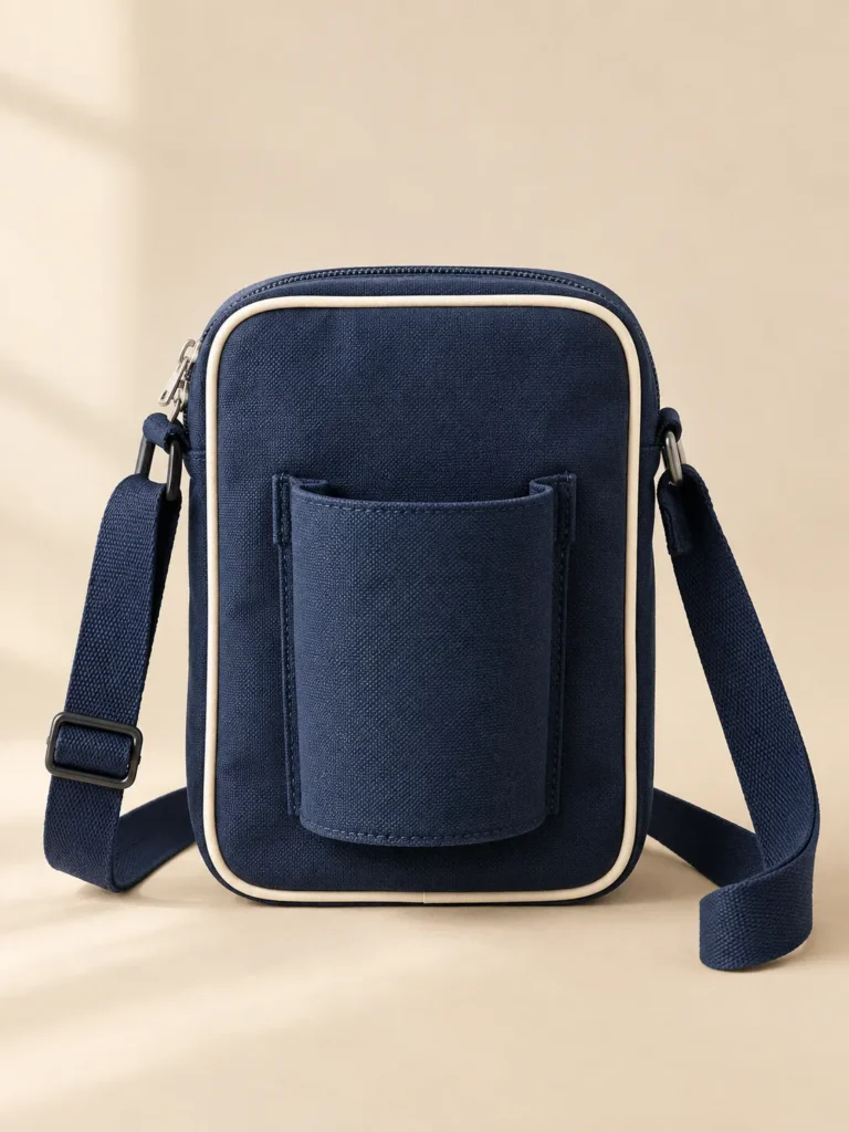 Cup Loop Crossbody in navy with cream piping, front view