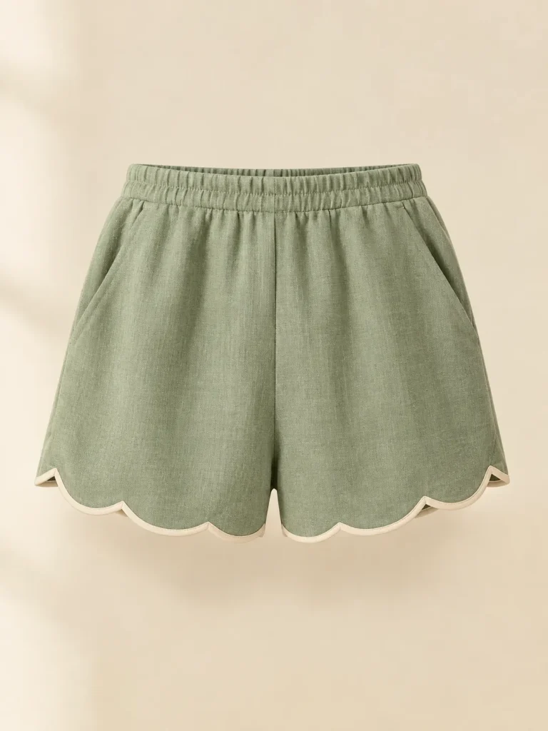 Demi Scallop Short in sage with cream piping, front view