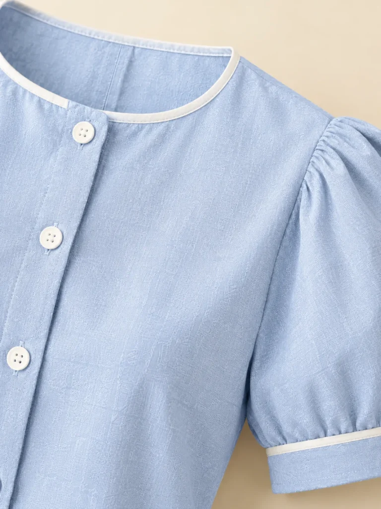 Close-up of the piping and construction on the Demitasse Puff-Sleeve Shirt