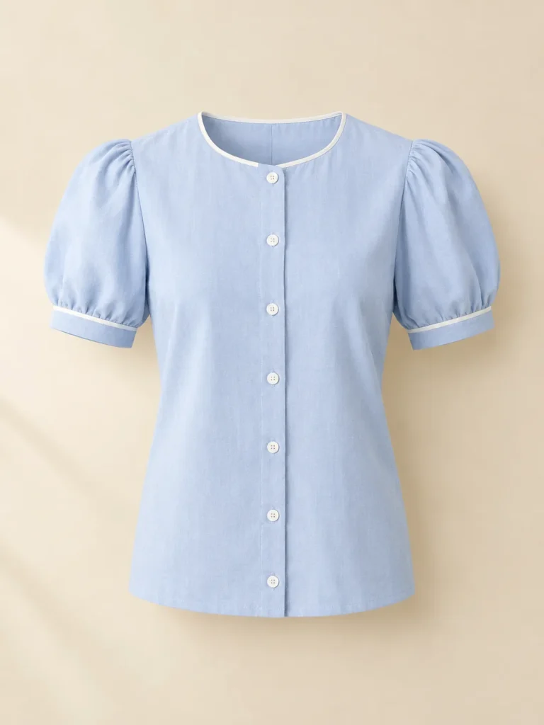 Demitasse Puff-Sleeve Shirt in pale sky blue with milk piping, front view