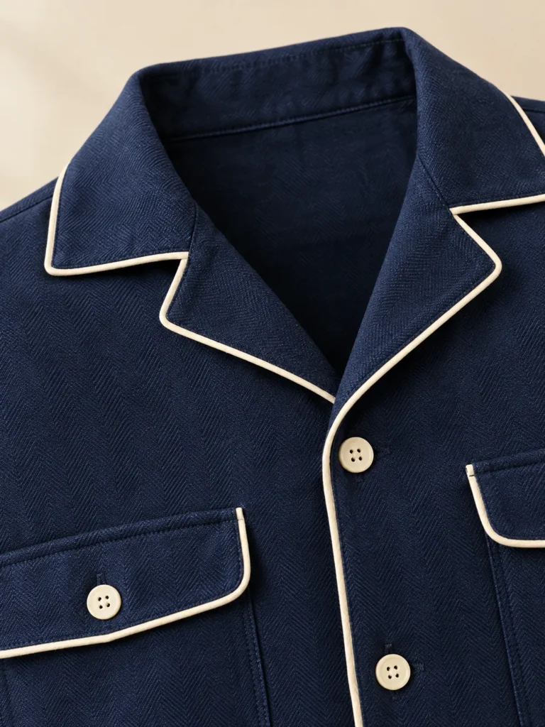 Close-up of the piping and construction on the Doppio Double-Pocket Overshirt