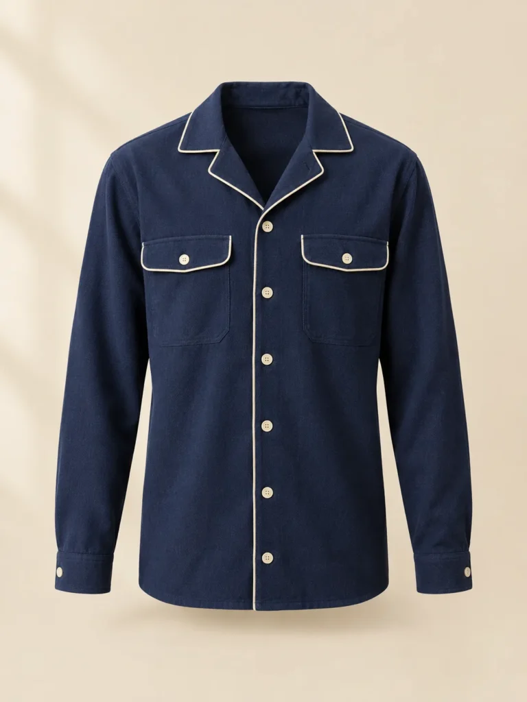 Doppio Double-Pocket Overshirt in navy with cream piping, front view