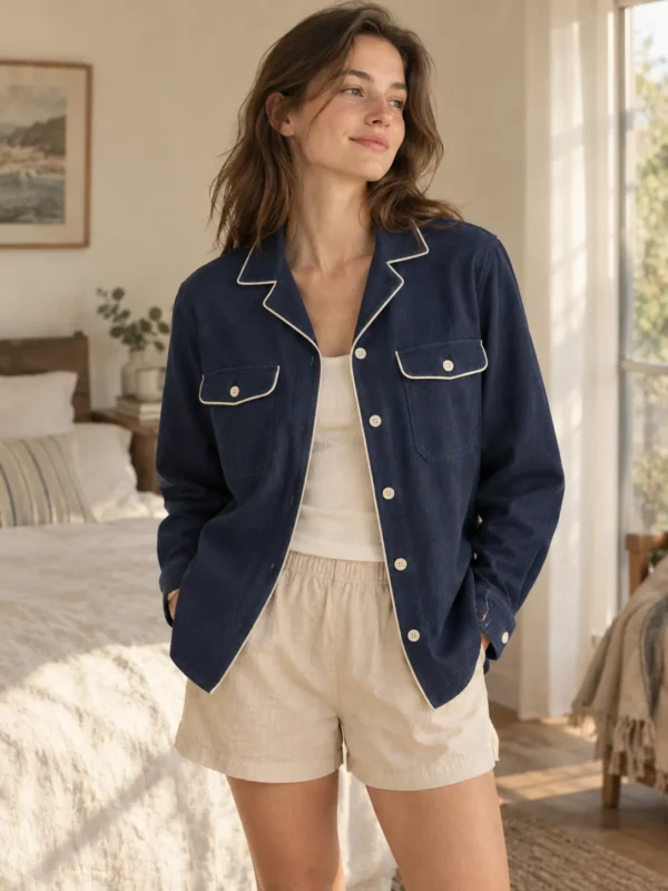 Doppio Double-Pocket Overshirt in navy with cream piping, worn open over a cream tank with oat boxer-style shorts on a cool morning