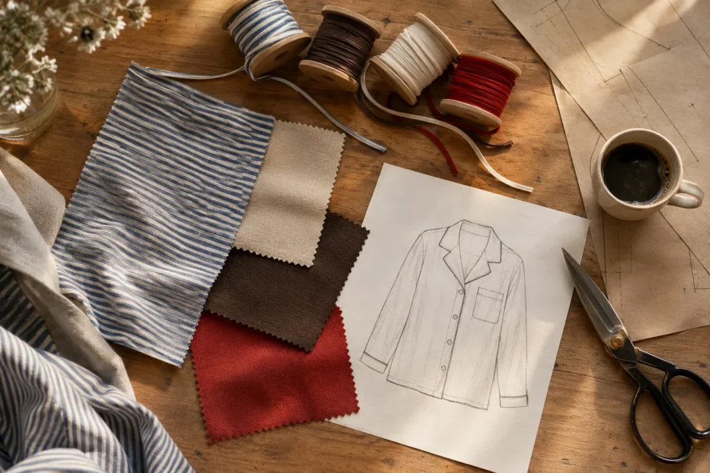 Fabric swatches, a piping cord and sketches of a notch-collar shirt laid on a worktable