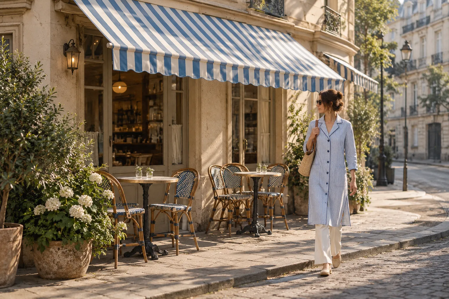 A corner cafe with a blue and white striped awning in the early morning