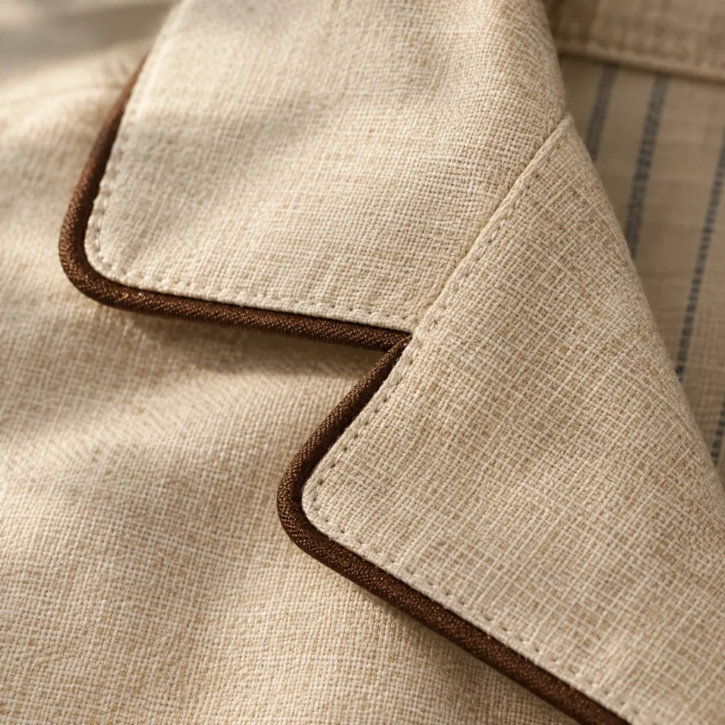Close-up of a contrast piping edge on a woven shirt collar