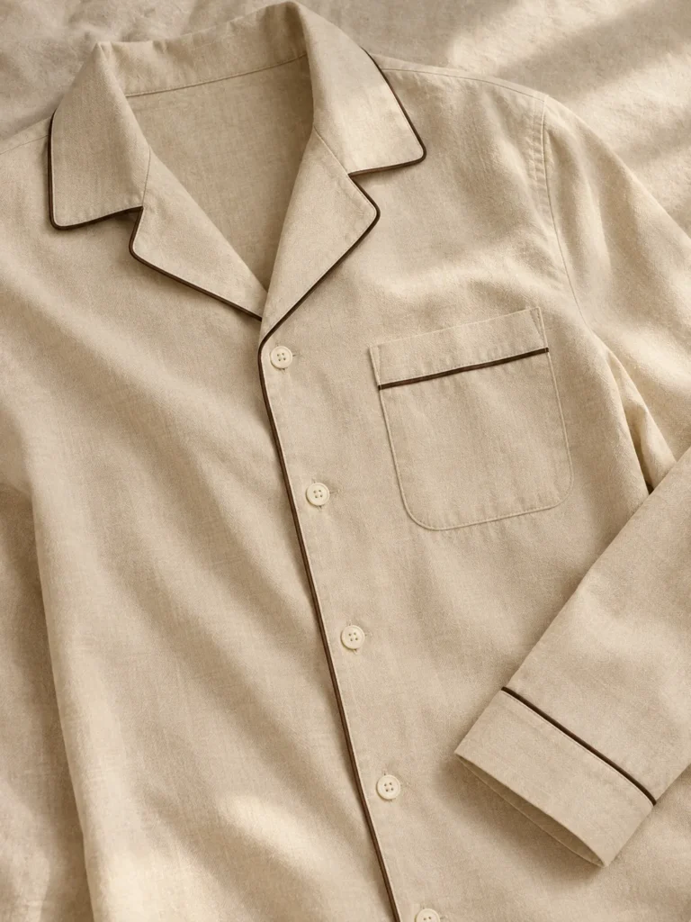 Una camicia avena con profilo stesa, che mostra il collo a rever, il profilato espresso lungo l'abbottonatura, il taschino sul petto e il polsino profilato