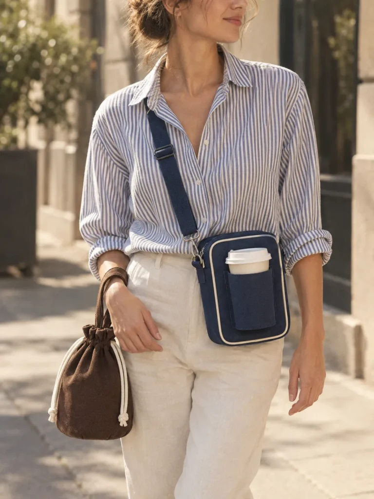Una borsa a tracolla blu navy che tiene una tazza da asporto nell'anello frontale e una pochette con coulisse espresso al polso