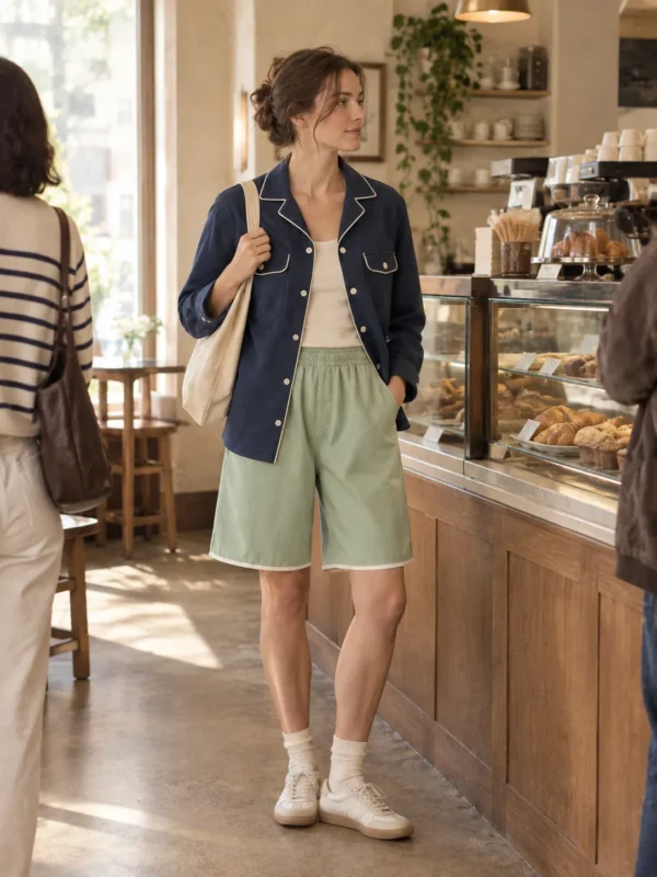Una donna in coda al bar indossando una camicia oversize blu navy con profilo e shorts color pistacchio