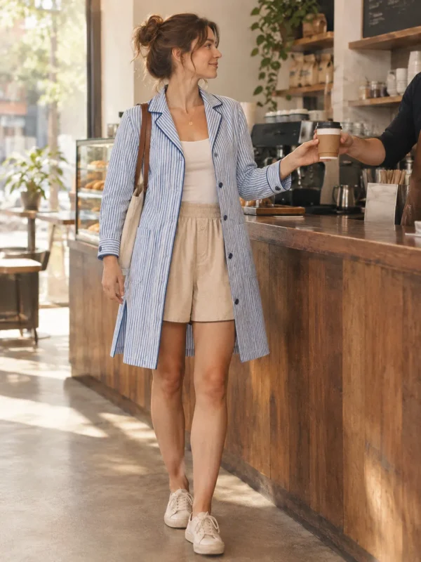Una donna che ritira un caffè da asporto, indossando una camicia lunga a righe ticking su shorts color avena