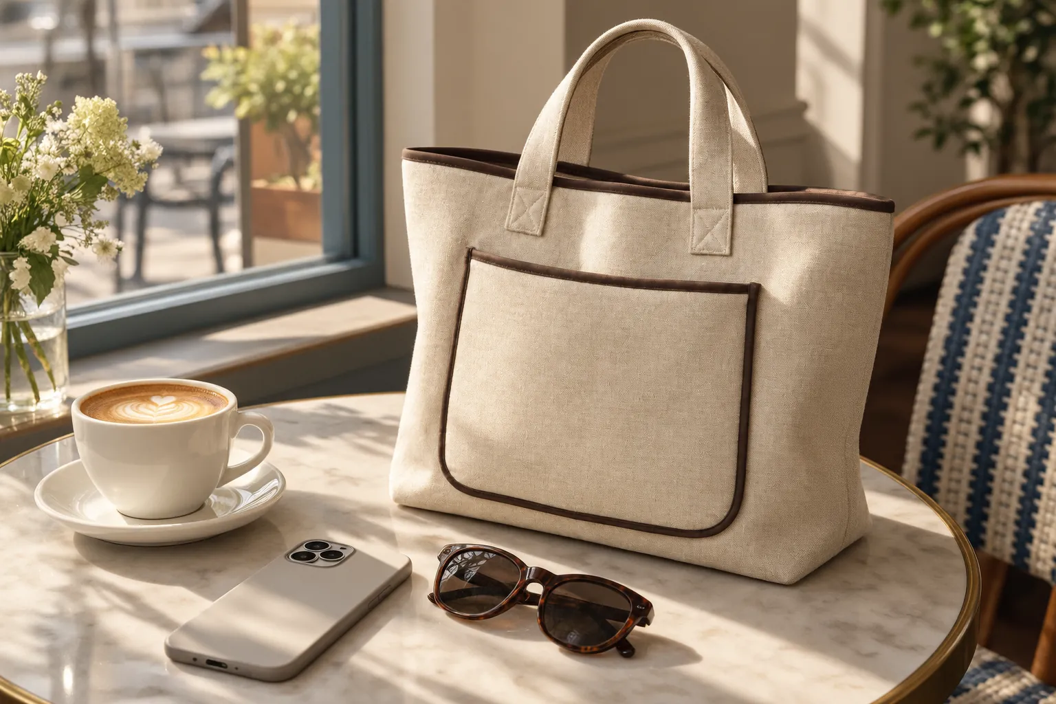 A cafe table by a window with a coffee, a phone and an oat tote bag