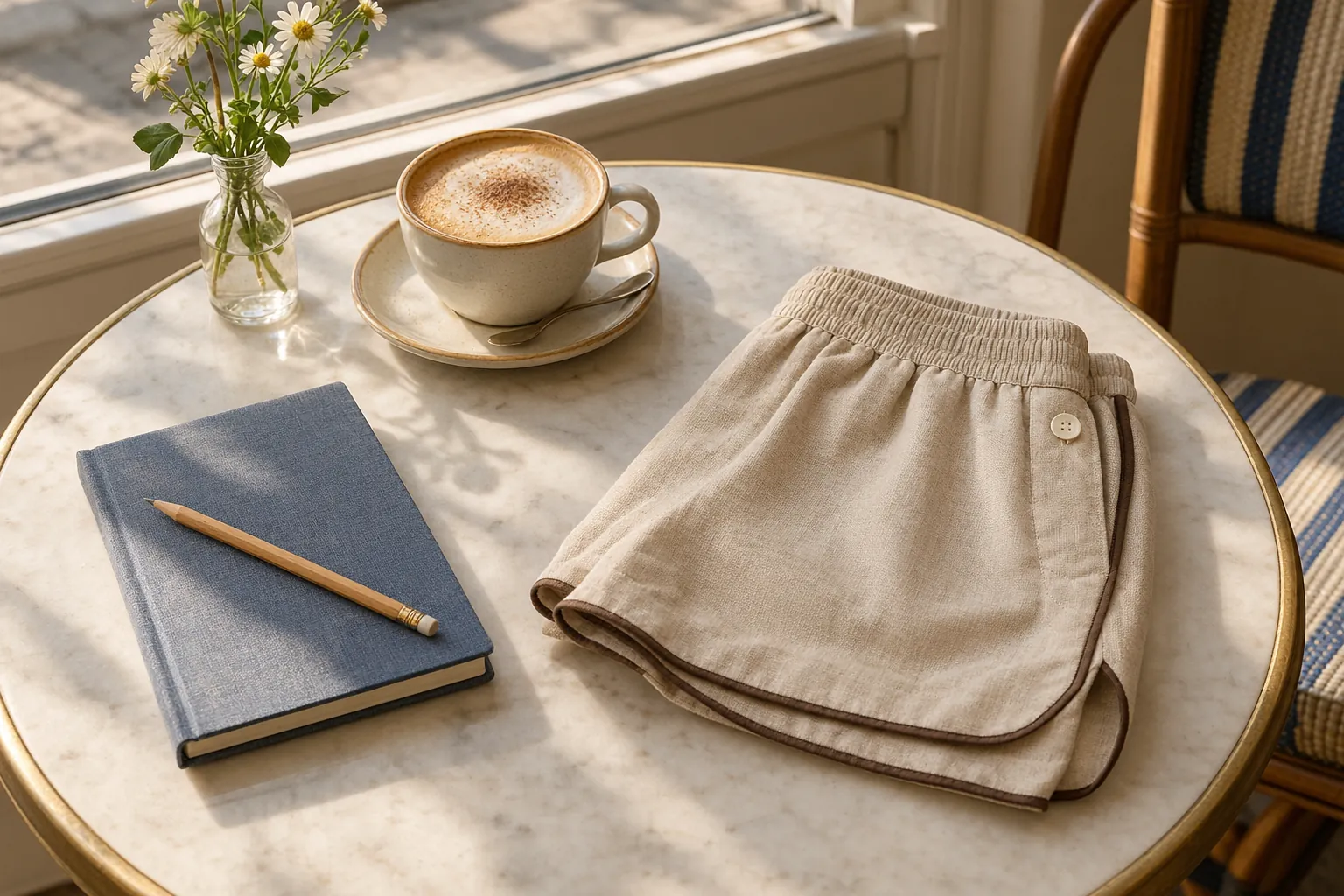 A cafe table with a cappuccino, folded oat shorts and a notebook