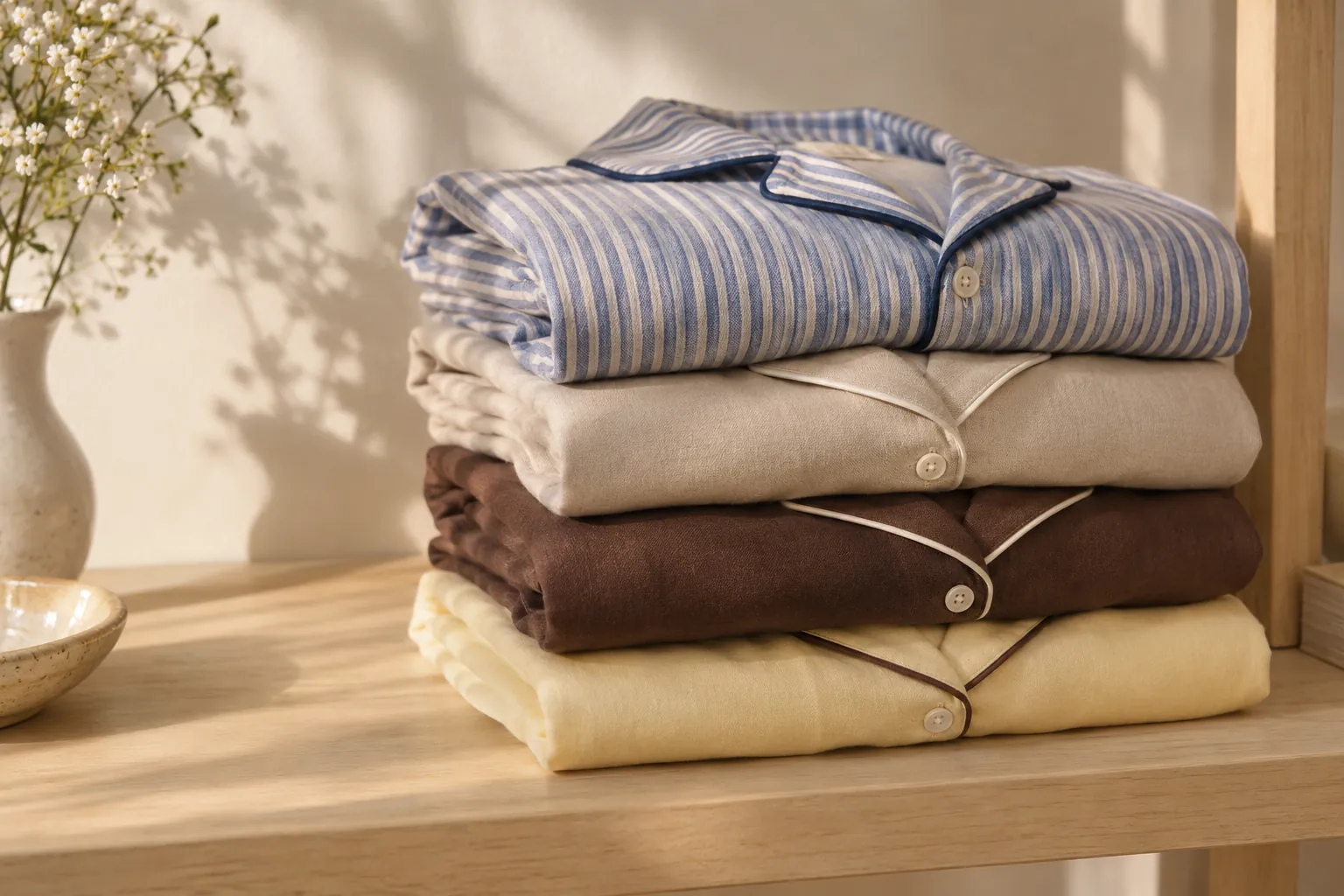 A stack of folded striped and piped shirts on a wooden shelf