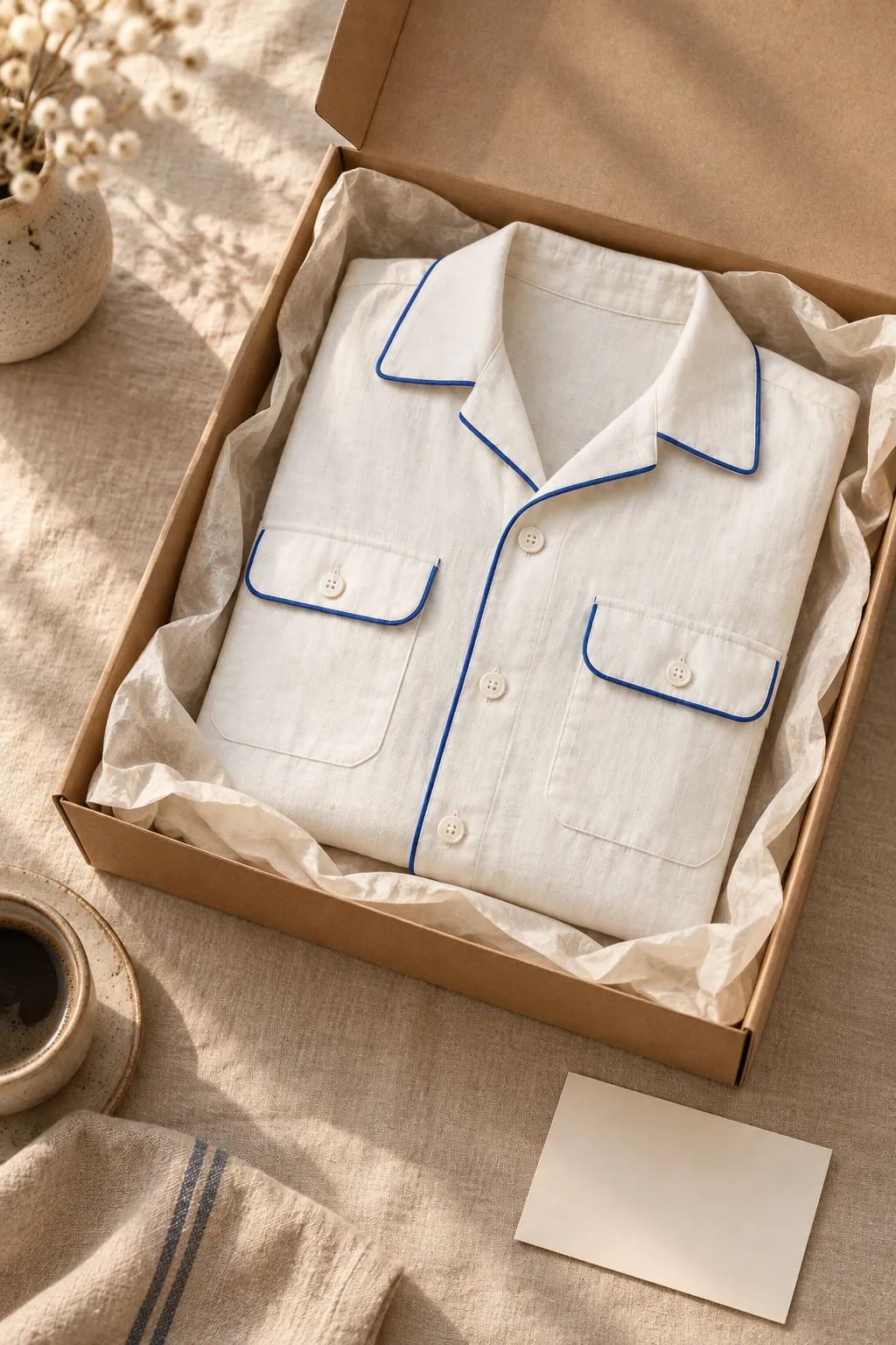 A folded white piped shirt in an open cardboard box with tissue paper