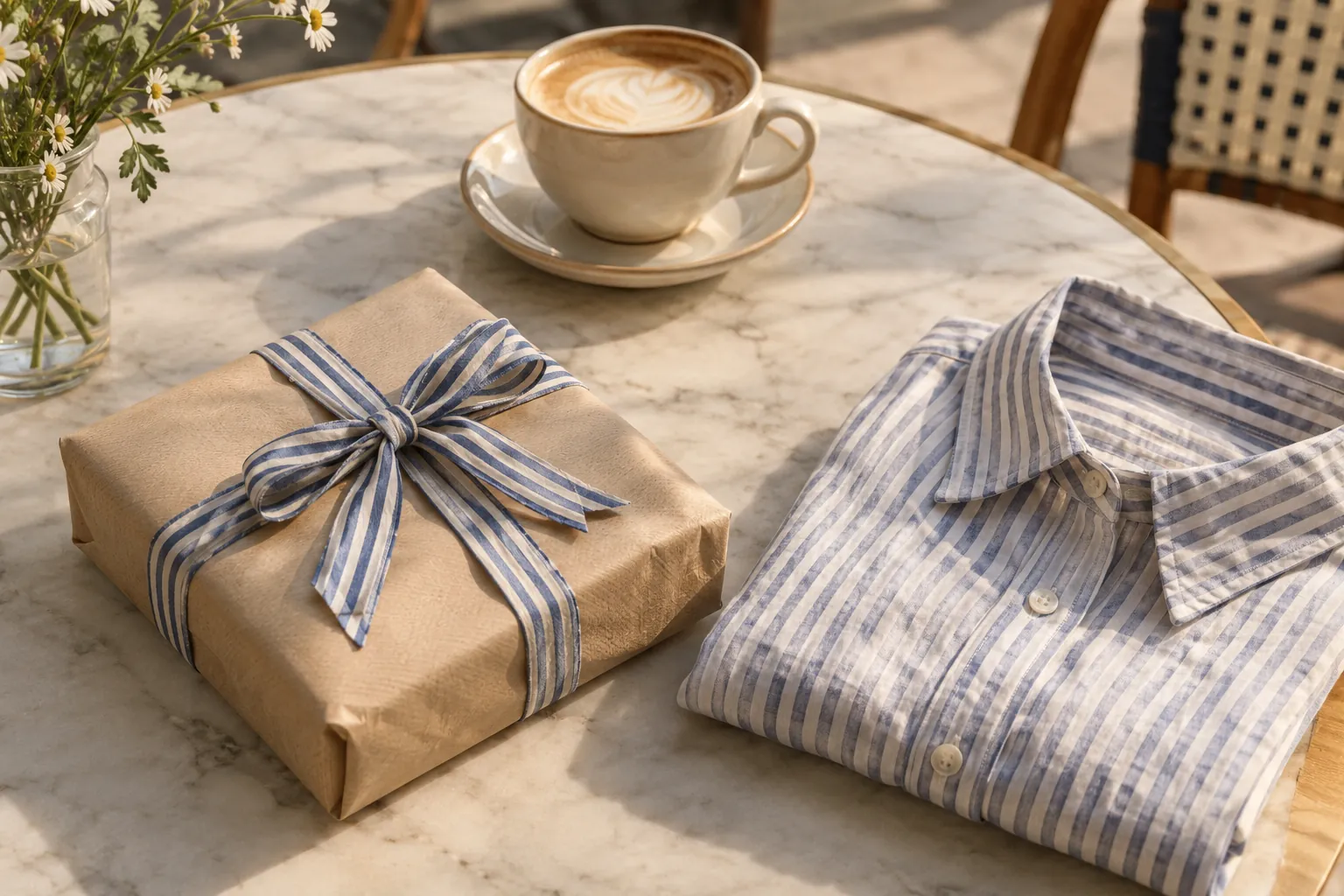 A parcel wrapped in oat paper and tied with a striped ribbon beside a coffee cup