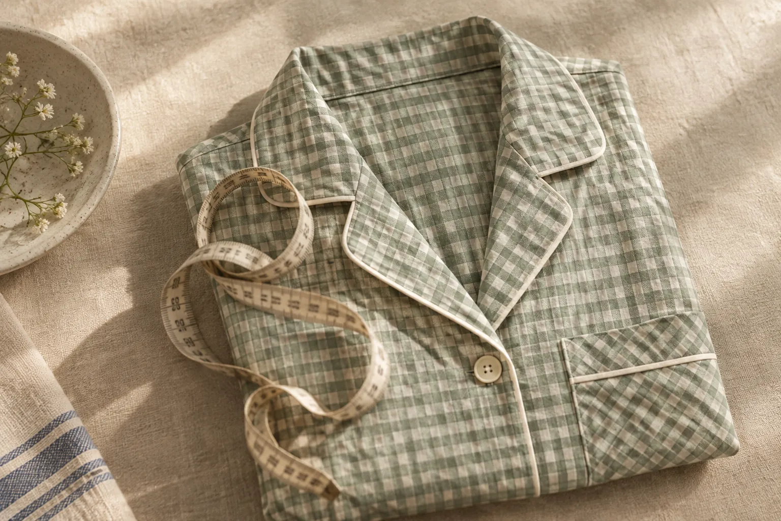 A fabric tape measure on a folded sage gingham shirt
