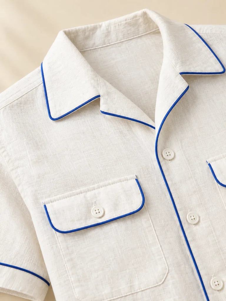 Close-up of the piping and construction on the Flat White Boxy Shirt