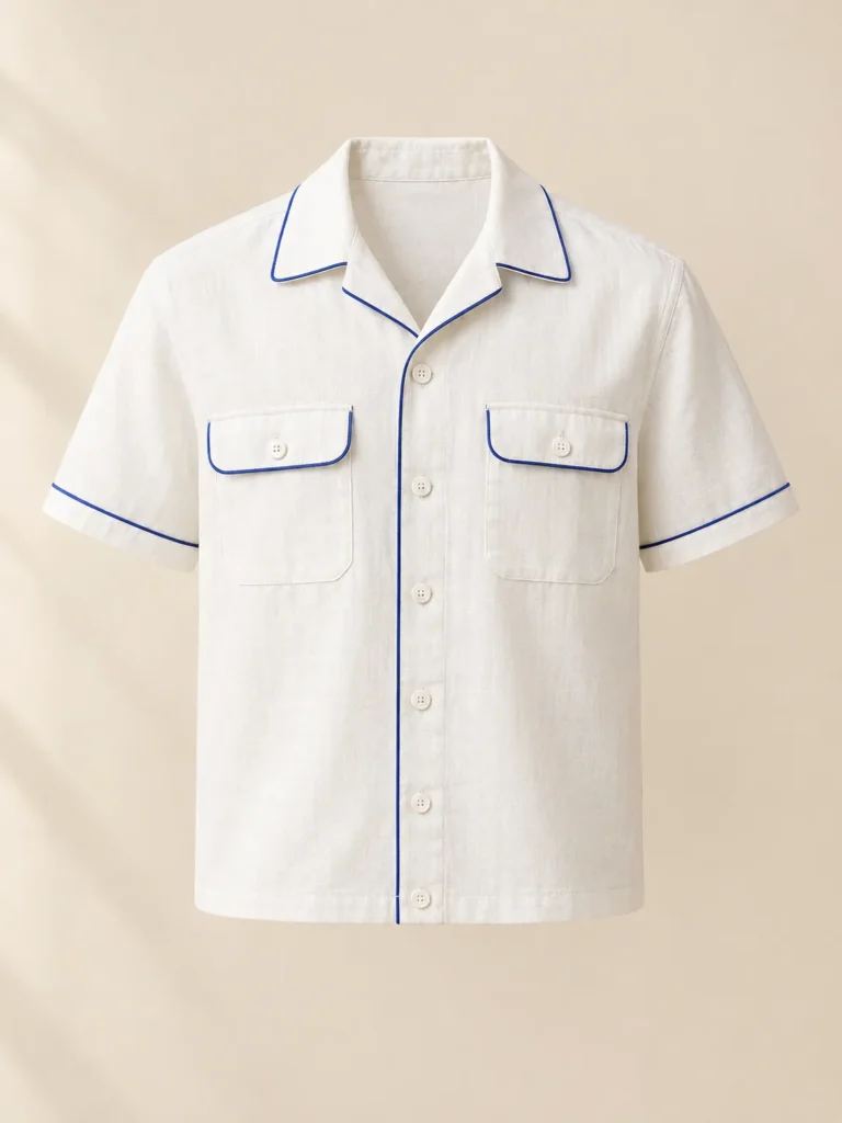 Flat White Boxy Shirt in milk white with ticking-blue piping, front view
