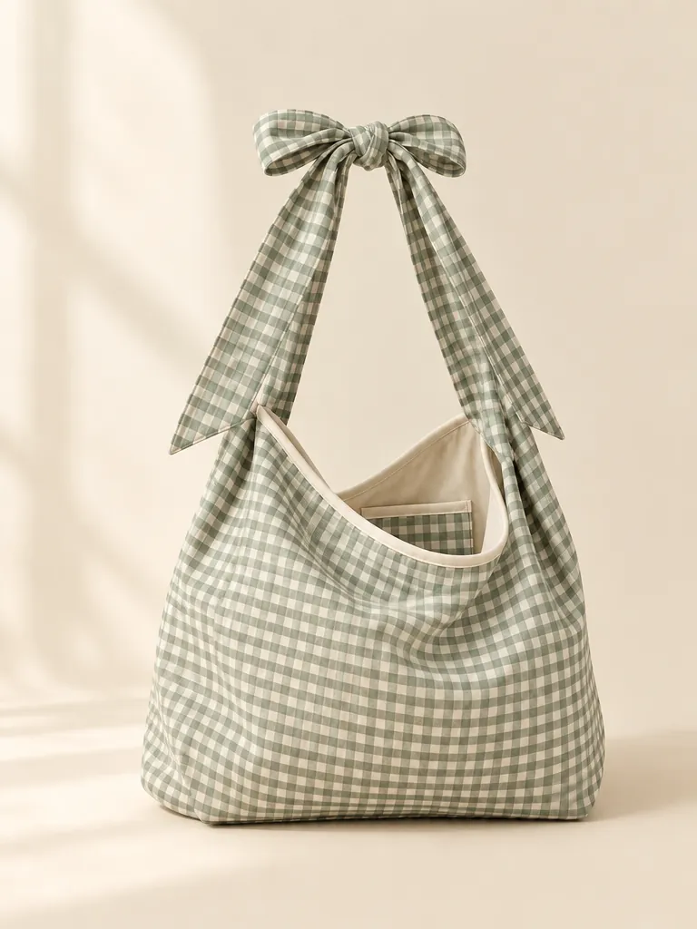 Gingham Bow-Handle Bag, side view showing the inside