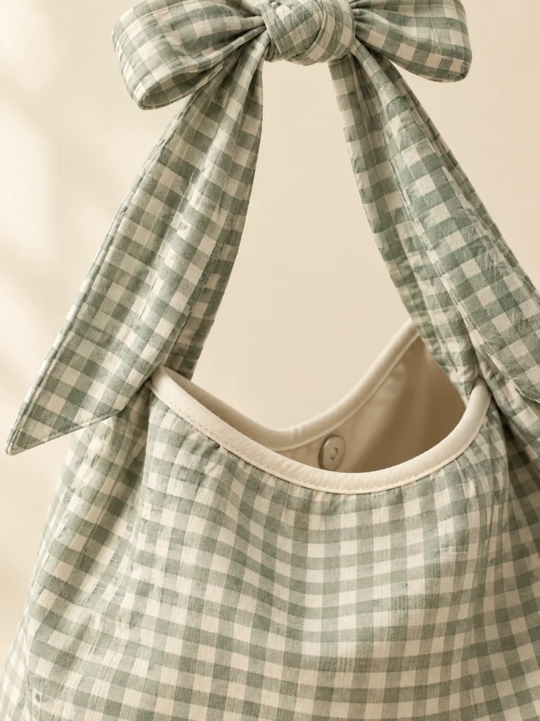 Close-up of the piping, handle and closure on the Gingham Bow-Handle Bag