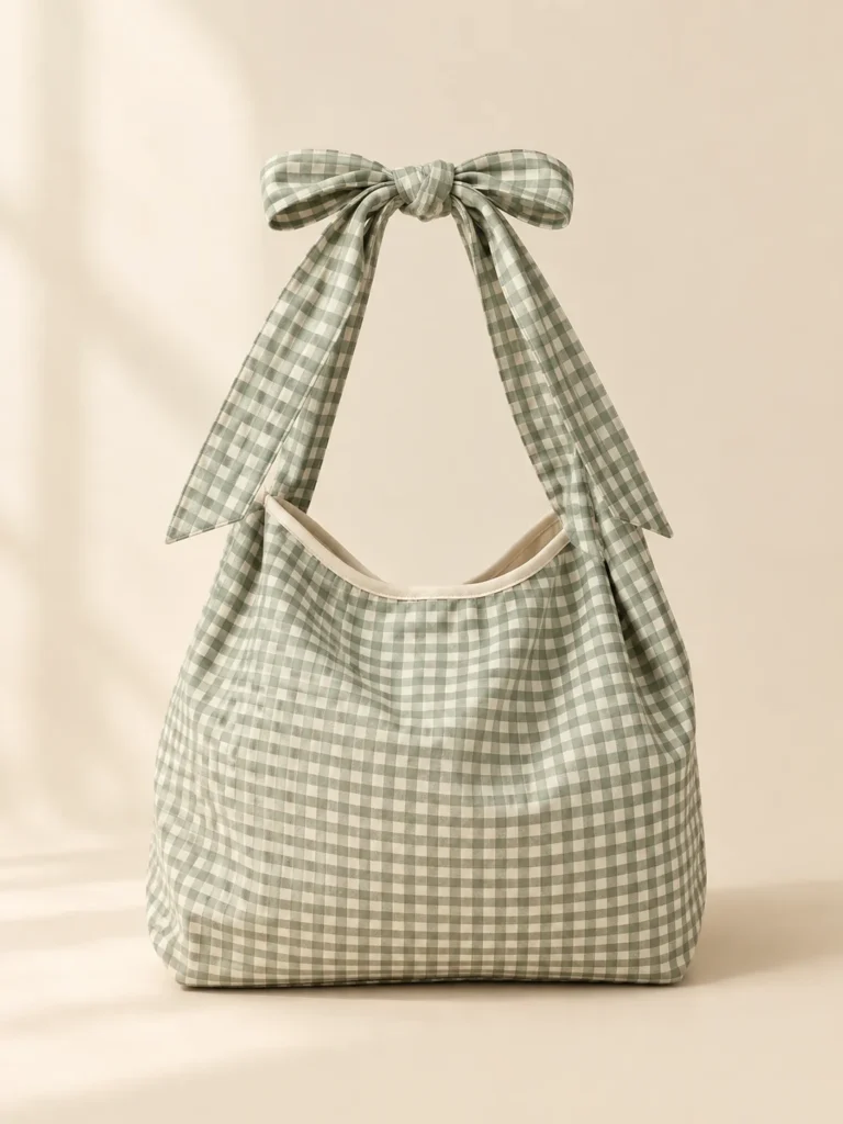 Gingham Bow-Handle Bag in sage gingham, front view
