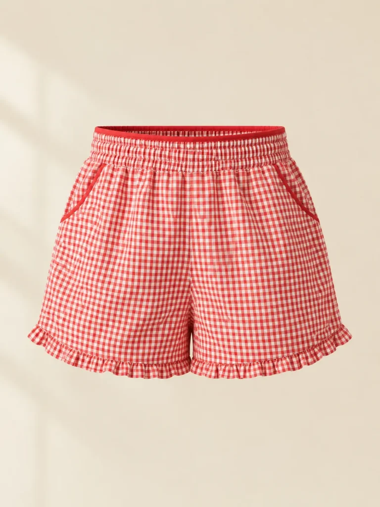 Gingham Frill-Edge Short in tomato gingham, front view