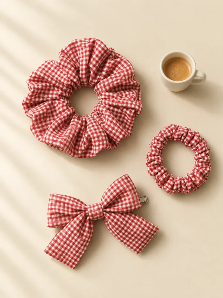 Gingham Hair Set shown beside an espresso cup for scale