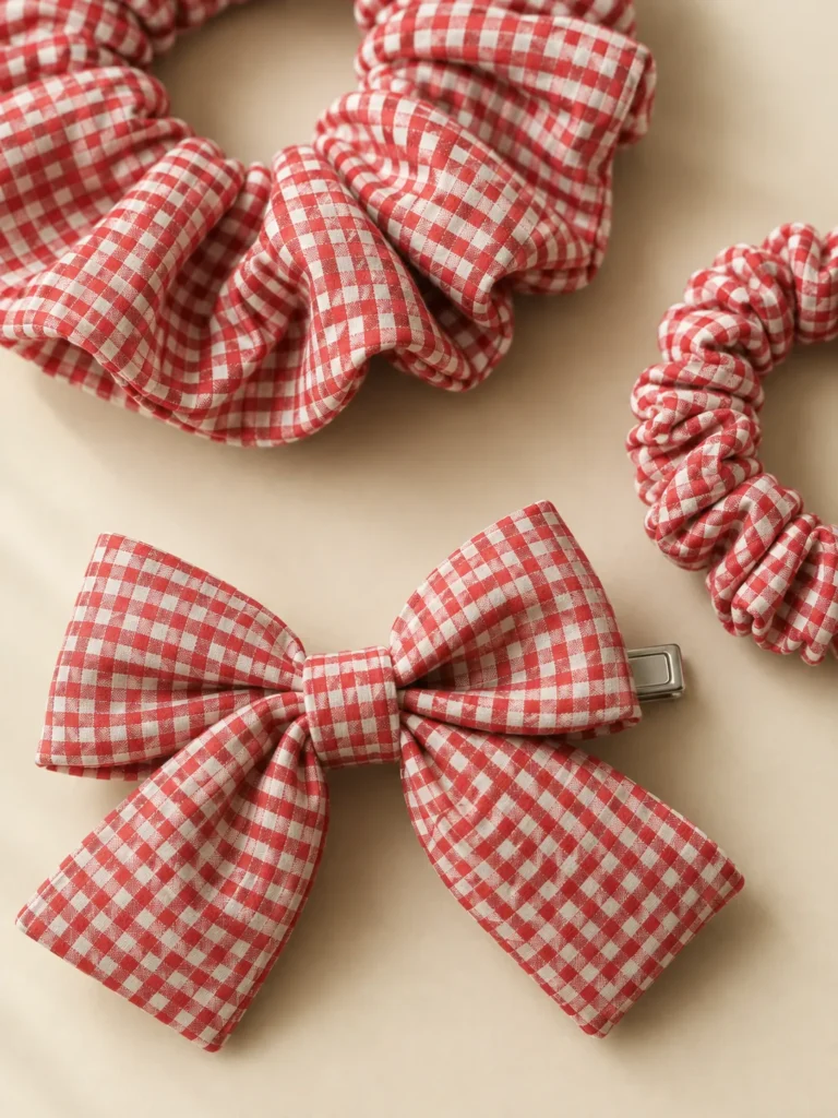 Close-up of the piping and seams on the Gingham Hair Set