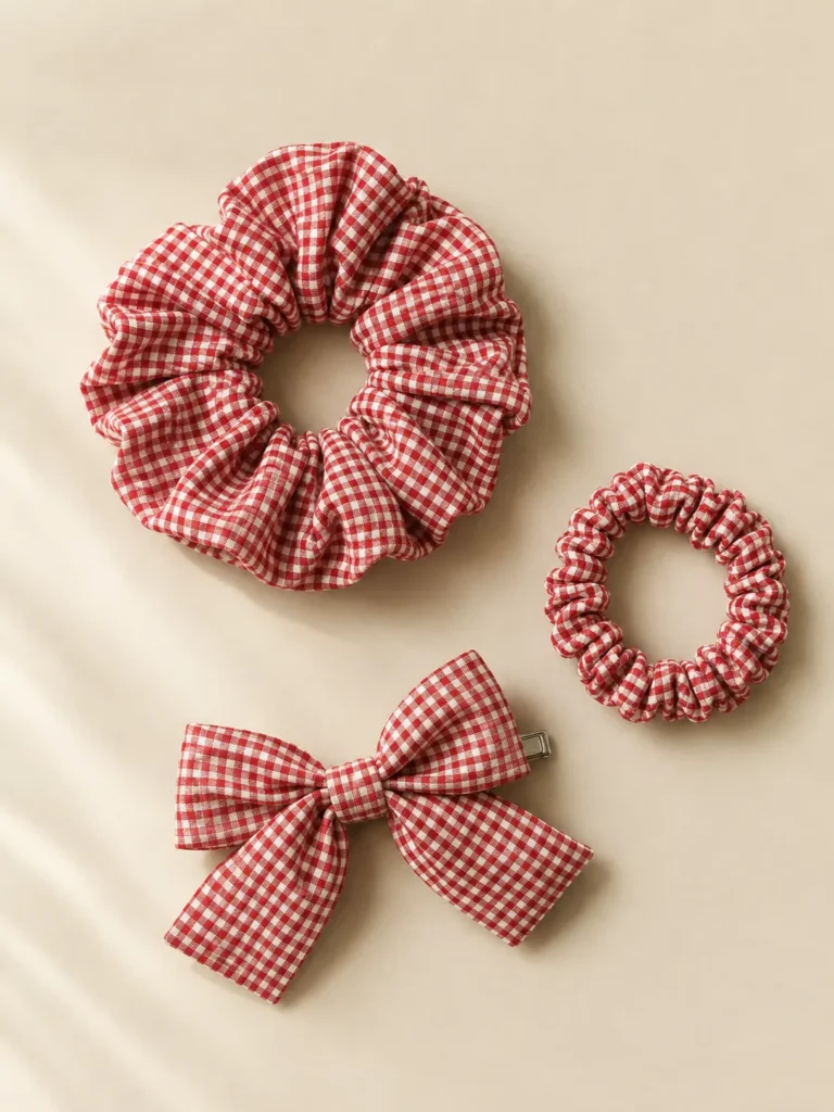 Gingham Hair Set: all pieces of the set laid flat