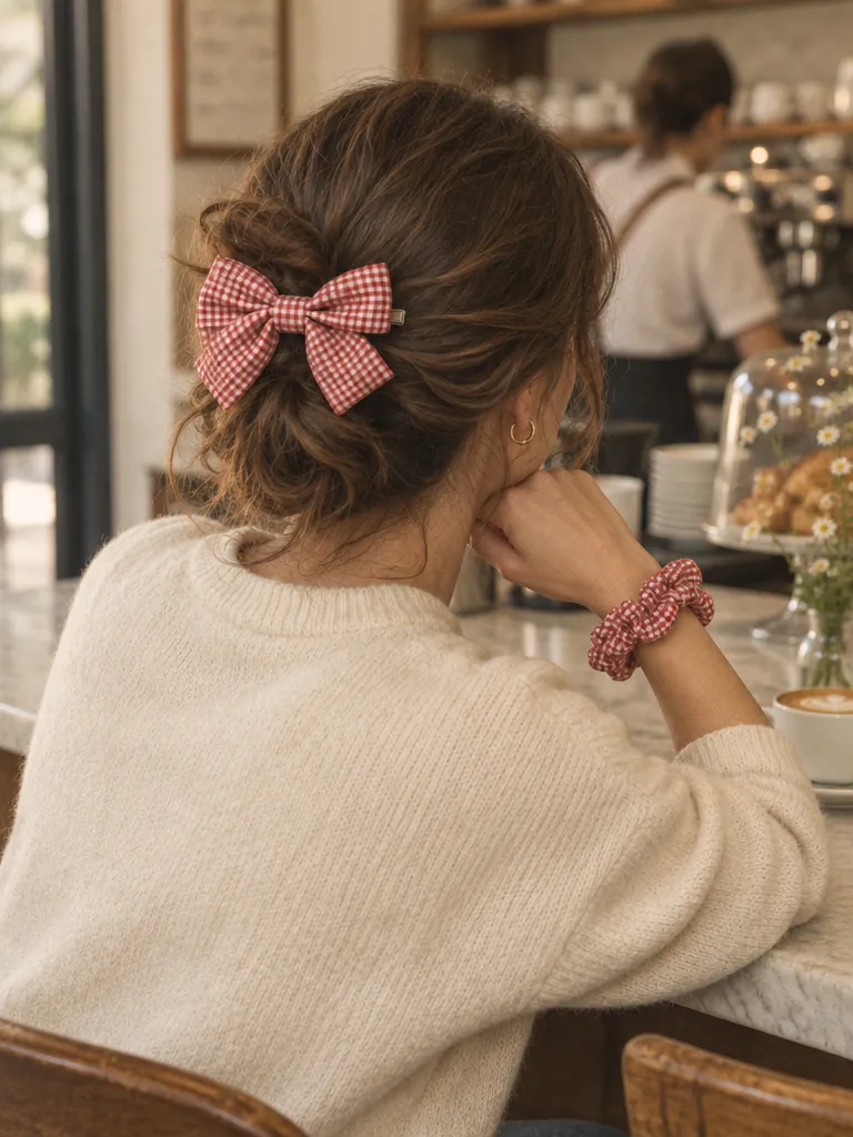 Gingham Hair Set in tomato gingham: a woman with the gingham bow clipped in her hair, seen from behind at a cafe counter