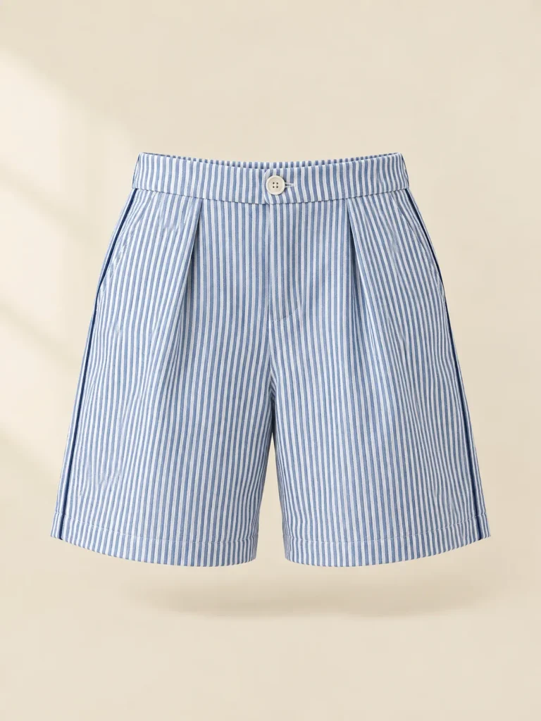 Kerbside Pleated Boxer Short in blue ticking stripe, front view