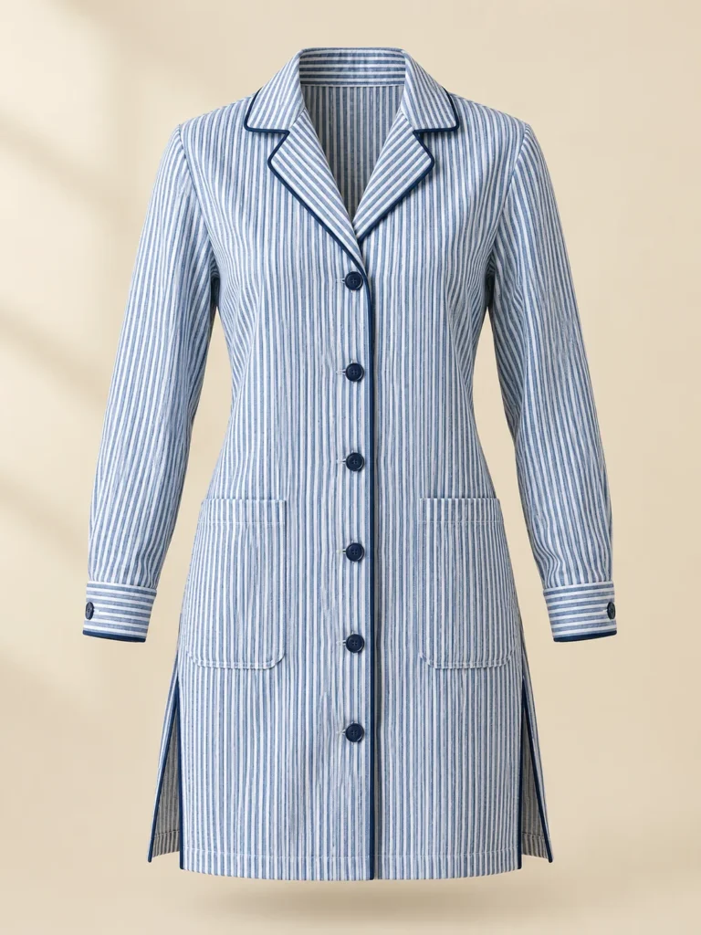 Lungo Longline Shirt in blue and white ticking stripe, front view