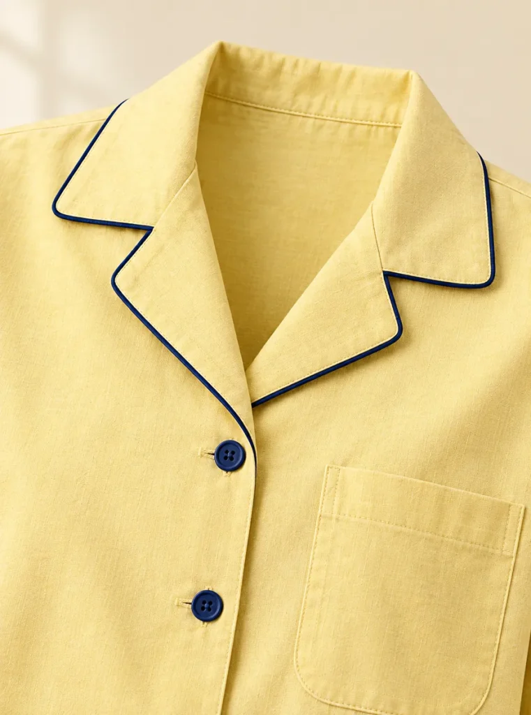 Close-up of the piping and construction on the Macchiato Cropped Shirt