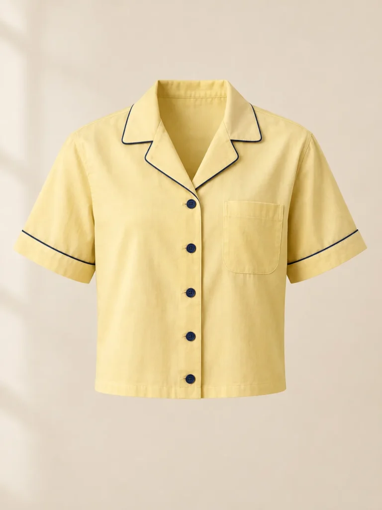 Macchiato Cropped Shirt in butter yellow with navy piping, front view