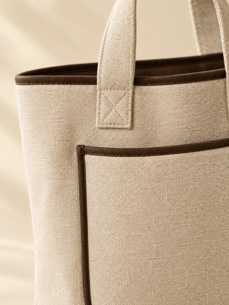 Close-up of the piping, handle and closure on the Market Day Tote