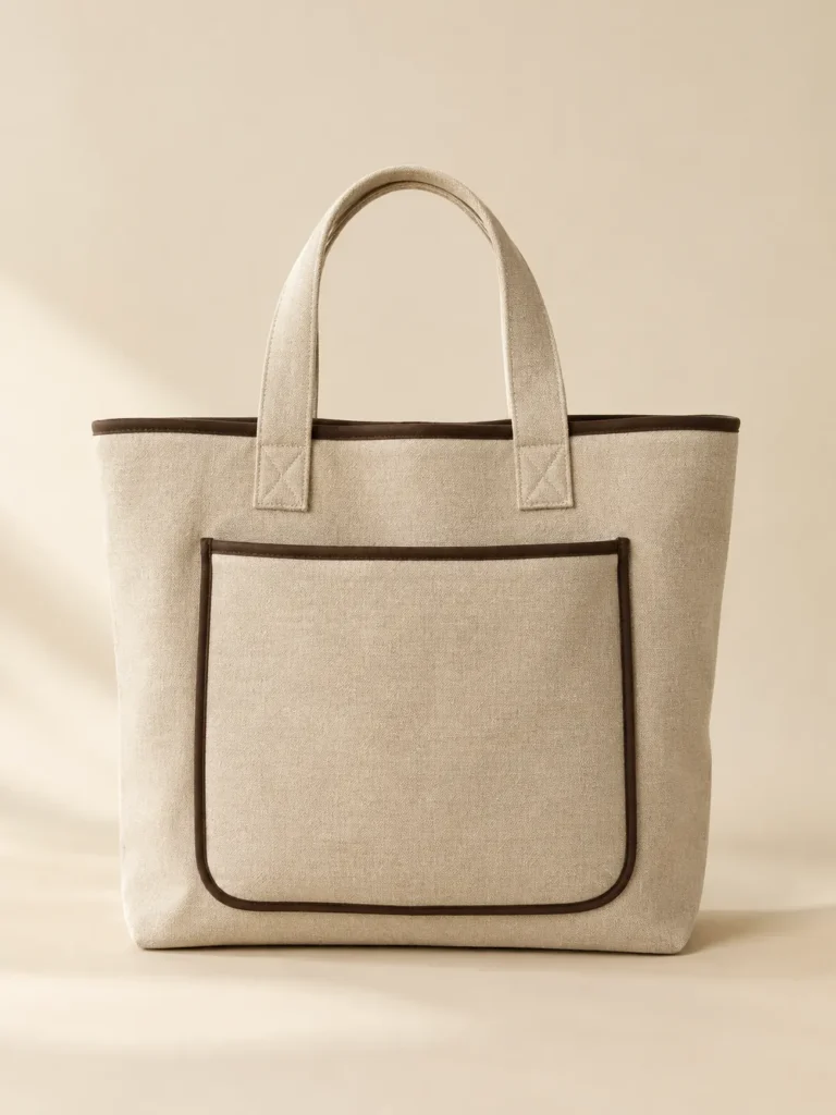 Market Day Tote in oat with espresso piping, front view